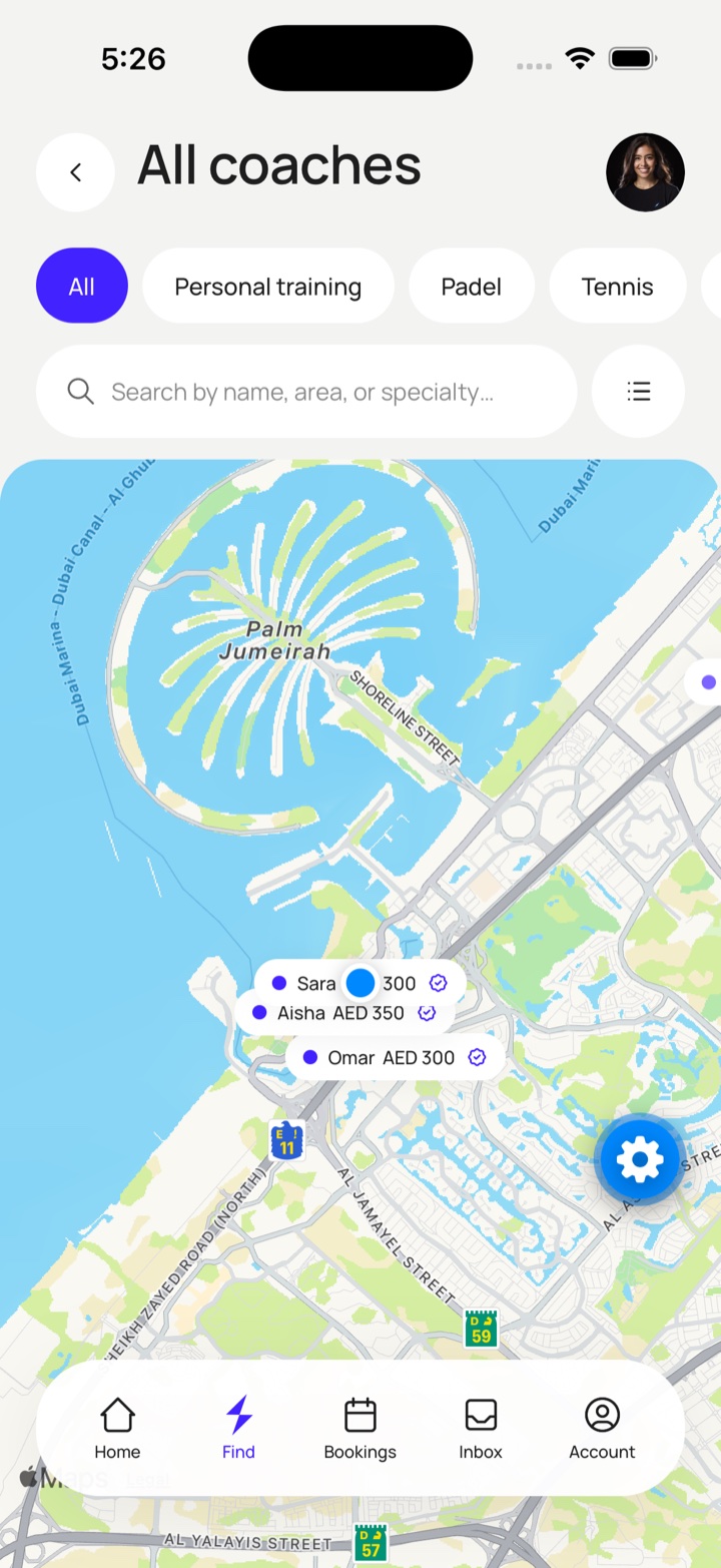 Find: a map of Dubai Marina with coach pins showing name, price and a verified badge